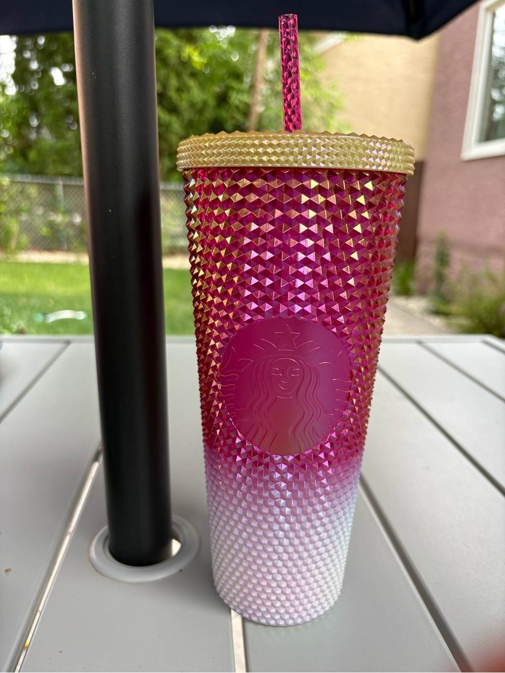 Starbucks Ombre Pink to White Studded Tumbler with Gold Lid